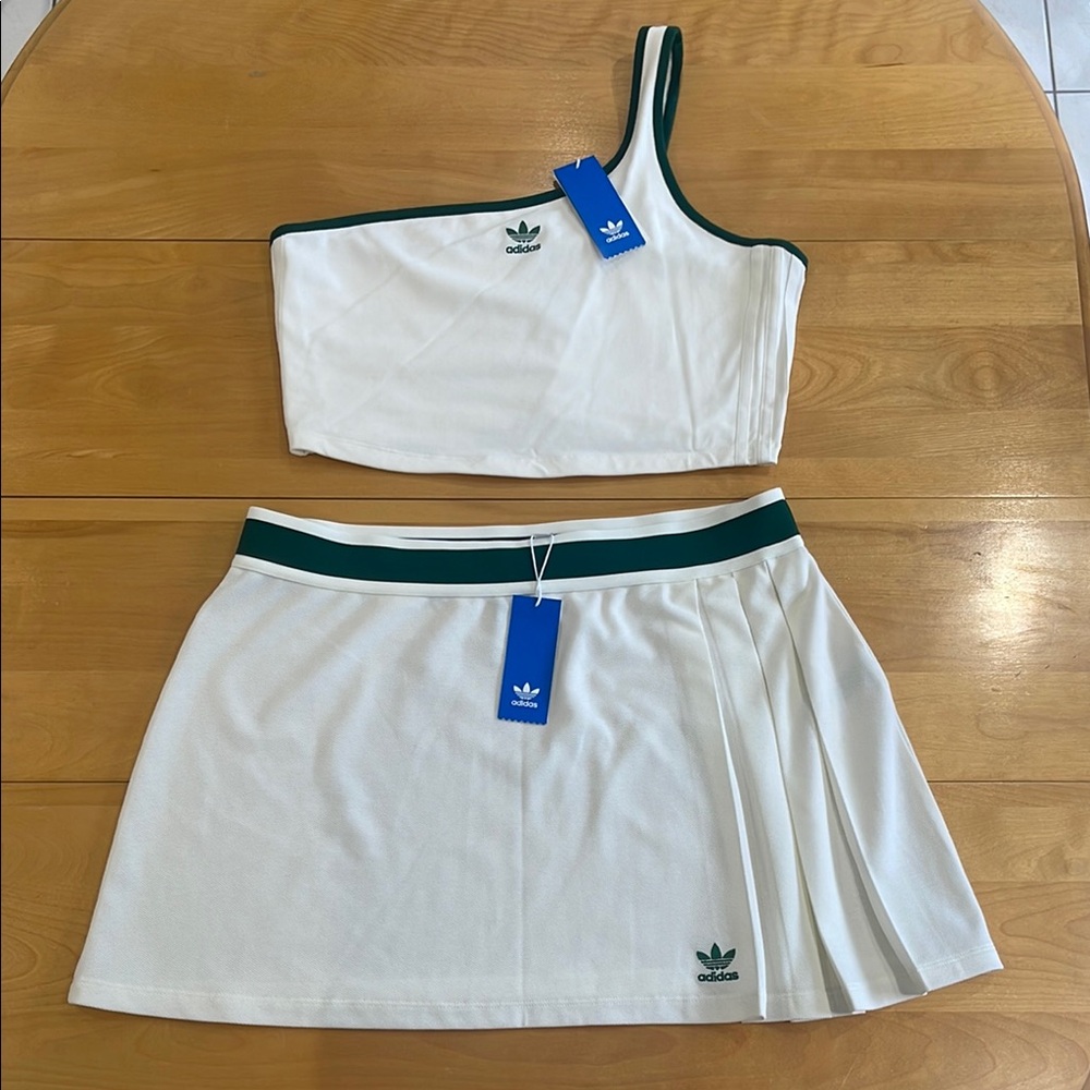 Adidas White and Green One-Shoulder Top and Skirt Set